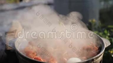 小龙虾在水中用香料和草药烹饪。 热煮小龙虾。